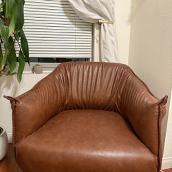 Brown Faux Leather Barrel Accent Chair