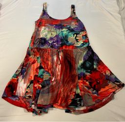 B.Split Slinky Vibrant Multicolor Red Summer Floral Dress Size S