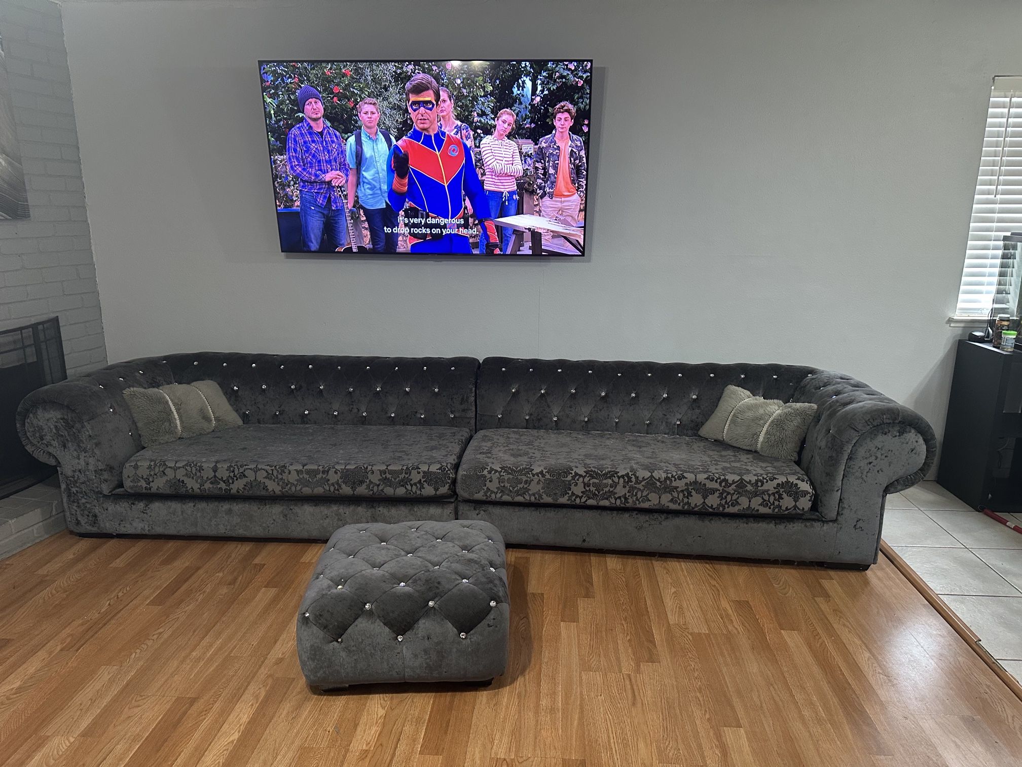 Gray couches and ottoman  with crystal buttons