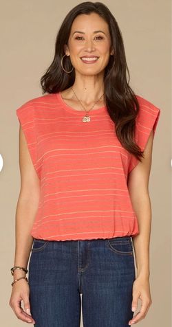 Origami Cap Sleeve Scoop Neck Cased Hem Metallic Stripe Knit Top
