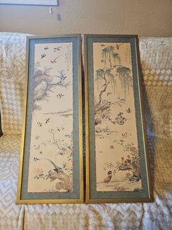 Framed Chinese Bird and Flower Art Panels Set of 2