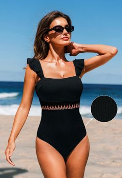 Cupshe Women’s Black One-Piece Swimsuit Ruffle Straps Embroidered Design Med NWT