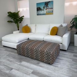 Sectional Couch – White Fabric + Vintage Ottoman 