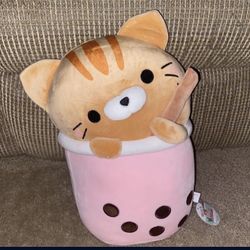 Takashoji Boba Tea Tan Tabby Cat Plush 14" W/ Straw Pink Stuffed Animal NEW