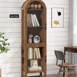 Narrow Arched Bookcase, 64'' Tall Arch Bookshelf with Acrylic Glass Doors, 5 Shelf Bookcase, Freestanding Storage Organizer Display Cabinet for Living