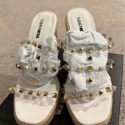 Fashion Nova White/ clear with gold studs Wedge Sandal size 7.5