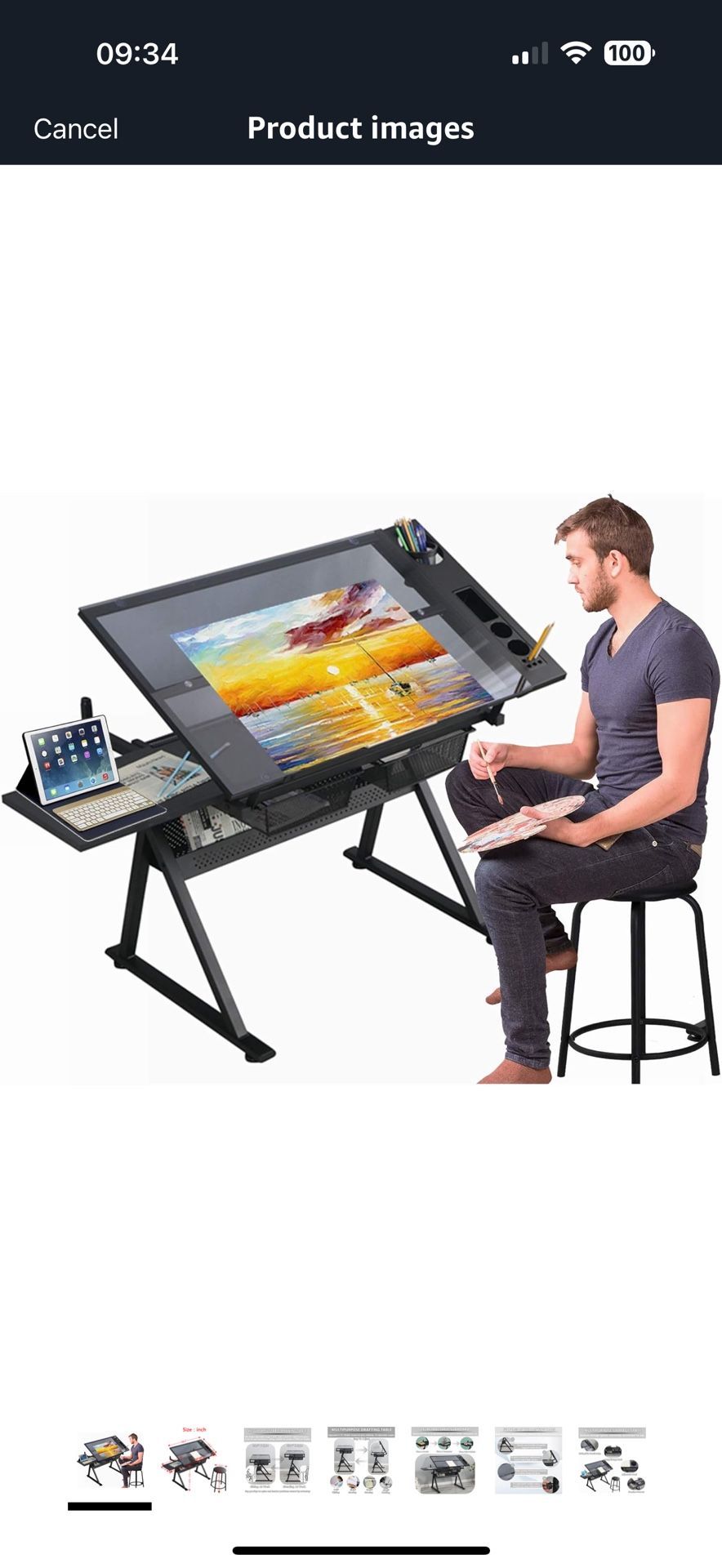 Drafting Table with Stool, Adjustable Height Drawing Table for Artists, 0-75° Tilting Glass Tabletop Art Craft Desk Watercolour Painting Workstation f