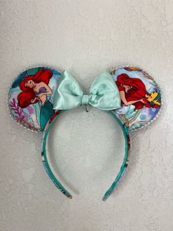 Custom Handmade Ariel Little Mermaid Mint Green Satin Rhinestone Minnie Ears - One Size