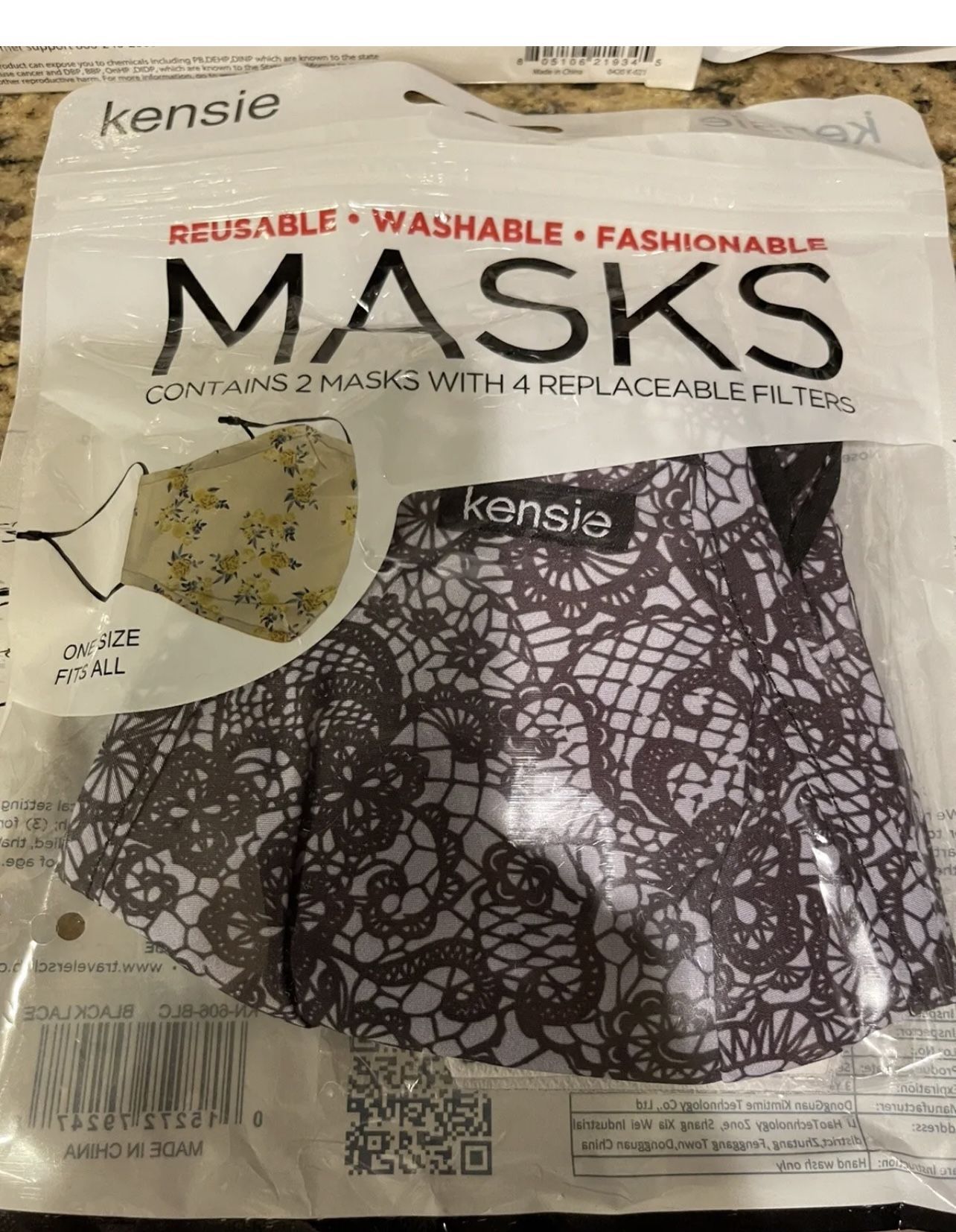 Kenzie 2 Piece Reusable Face Mask Set Plus Filters-Black Lace, Size Standard-NEW