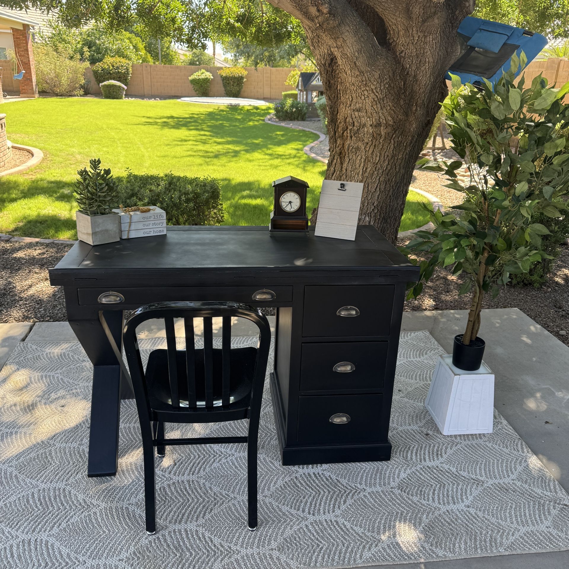 Farmhouse Drafting Desk with Cross bar legs,(4) Storage Drawers and a NEW Flash Furniture Commercial Metal Chair