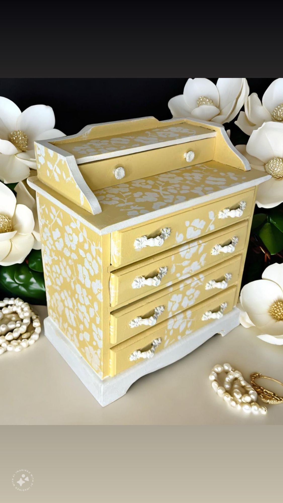 Yellow Stencilled Painted Vintage Jewelry Box