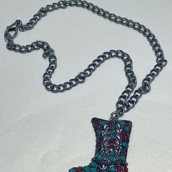 Cowgirl Beaded Boot Charm In a Choker Chain Silvertone Necklace 