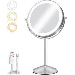 8" Makeup Mirror with Lights, Vanity Mirror with 1X/10X Magnification, Touch Screen 3 Colors Dimmable 54 LED Lights Brightness Adjustable 360° Rotatio