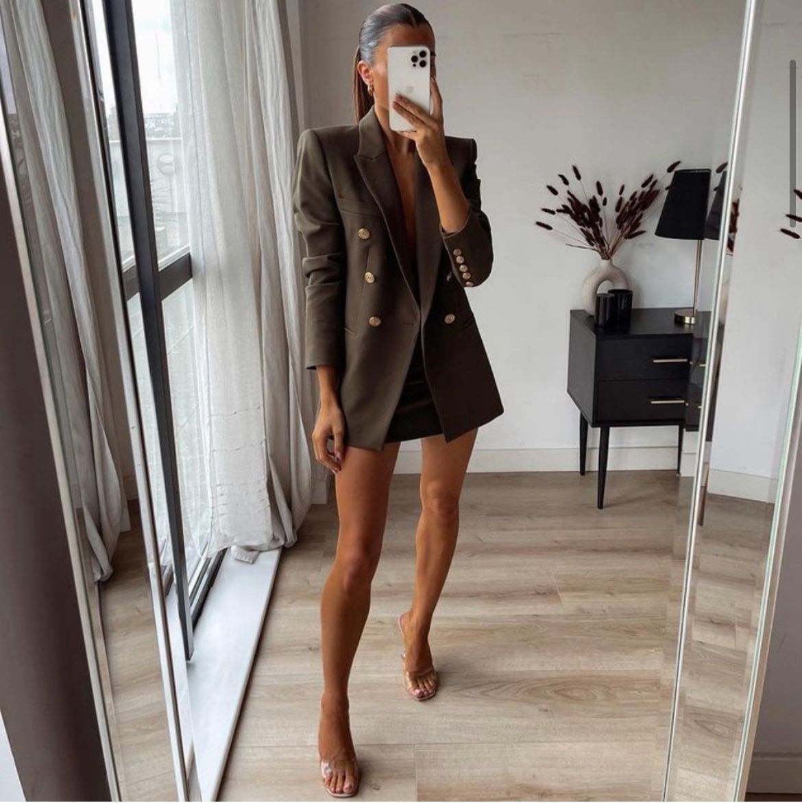 Zara Olive khaki gold button oversized blazer jacket M