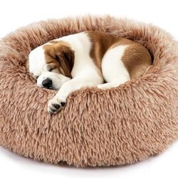 DUMOS Calming Donut Cat & Dog Bed for Medium Dogs, Machine Washable Cuddle Warming Cozy Fluffy Faux Fur Plush Round Dog Bed, Anti-Anxiety Waterproof A