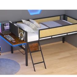 Twin Size Metal Loft Bed with Desk, With LED And Hanging Storage