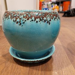 8" Blue Glazed Ceramic Pot x2