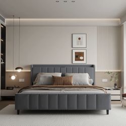 Queen Size Velvet Upholstered Platform Bed Frame with Channel Tufted Headboar/Beige