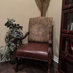 Traditional Carved Armchair - Leather Seat & Paisley Fabric Back 