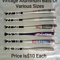 Vintage Aluminum Baseball/Softball Bats Of Various Sizes (Price Is $10 Each)