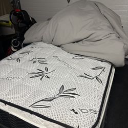 Brand New Twin  XL Mattress with box spring and frame, plus new grey sheets with comforter