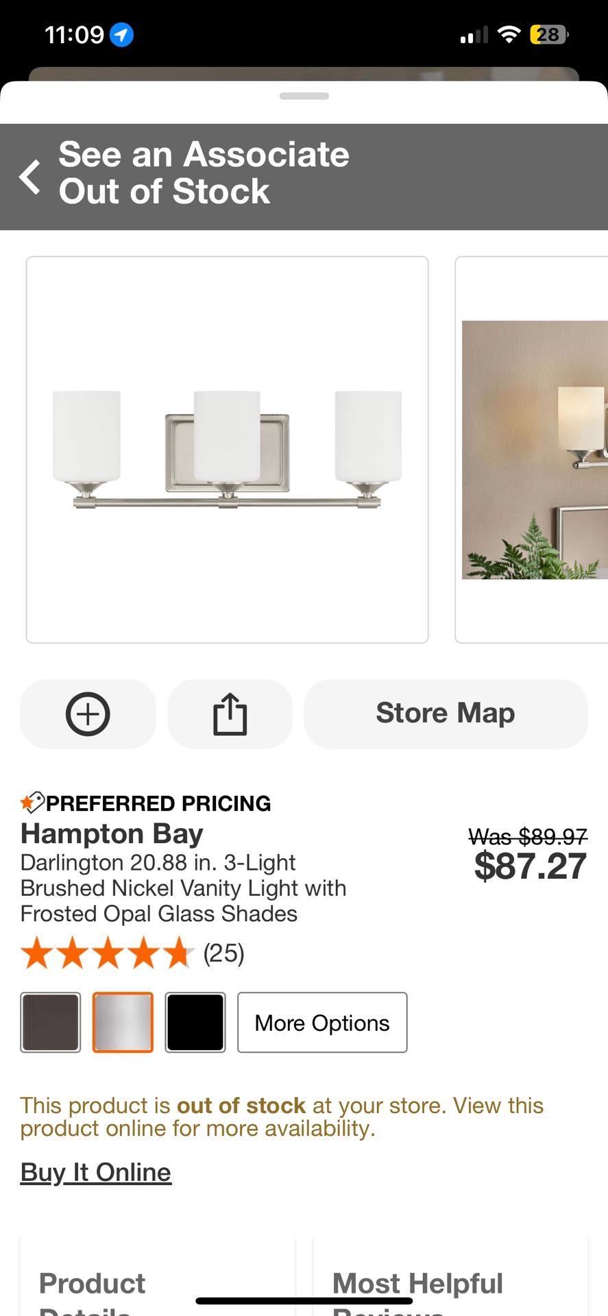 Hampton Bay Darlington 20.88in 3 Light Brushed Nickel Vanity Light Frosted Opal Glass Shade