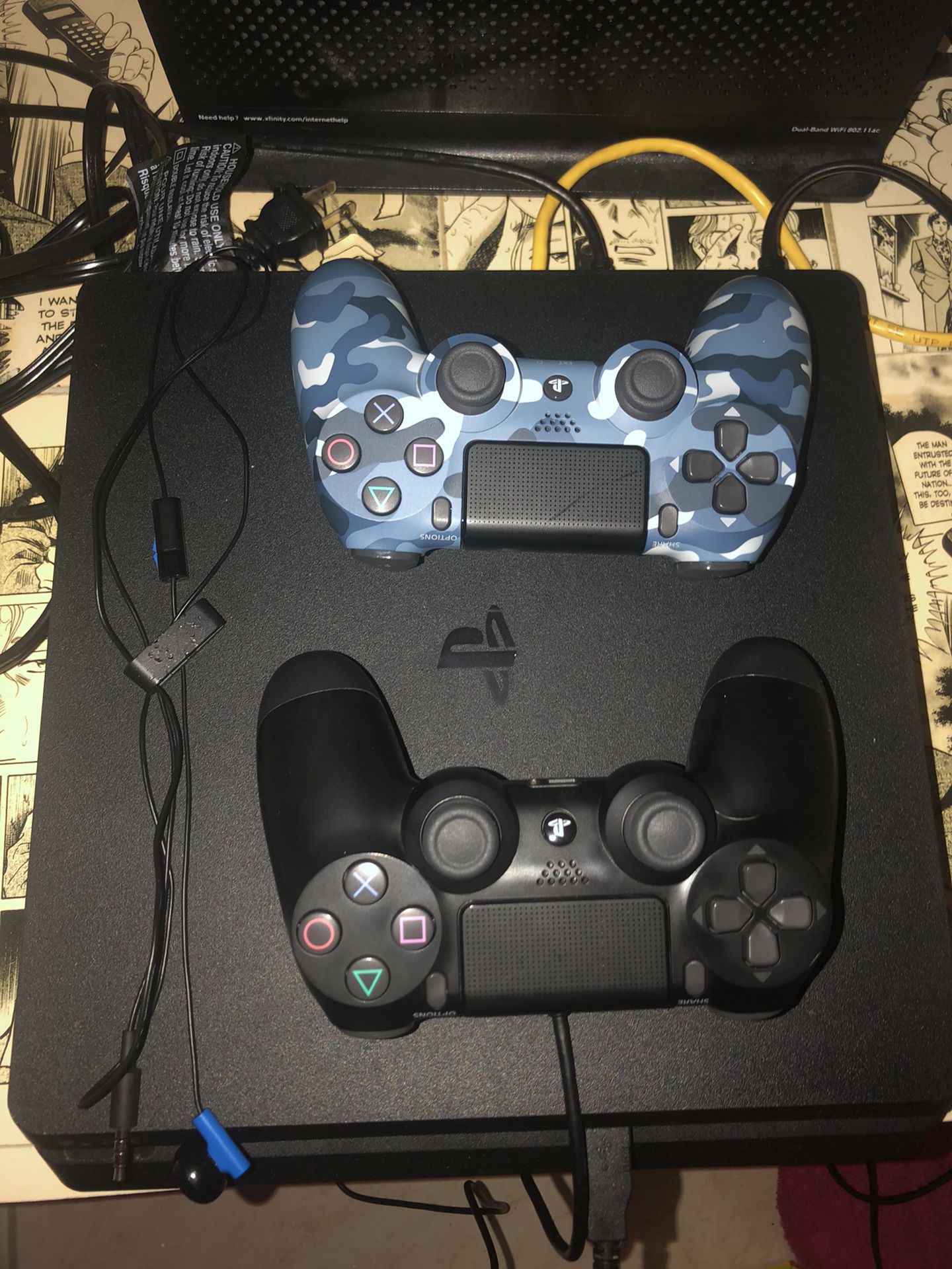 PS4 slim with two controllers fifa 20 call of duty black ops 4 headphones and box