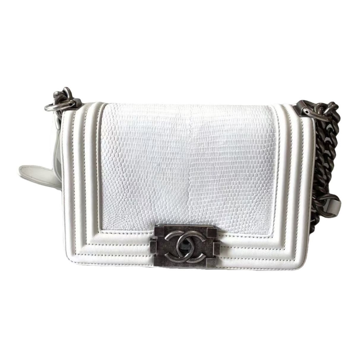 CHANEL small white boy lizard bag
