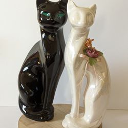 Pair Of Vintage Postmodern Ceramic Cat Statue Figurines Black & White