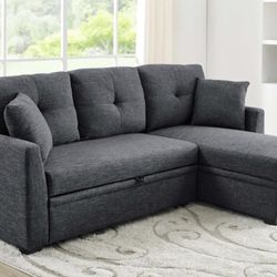 Upholstered Sectional Sofa with Pull-Out Bed and Reversible Chaise Storage, Linen Blend Fabric, Tufted Backrest Design, Foam-Filled Seat Cushions, Ver