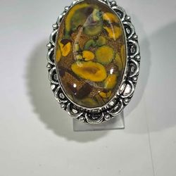 Ornate Sterling Silver Ring w/ Oval Yellow Green Nebula Stone