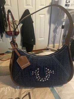 True Religion Logo Hobo Handbag Purse Black Denim Studded Shoulder Bag