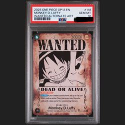 Monkey D. Luffy  OP13-118 Wanted Poster 2025 SP Alt Art PSA 10