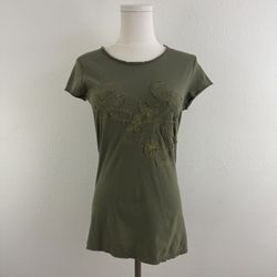 EXPRESS Y2K Dark Green Golden Thread Floral Butterfly Grunge Short Sleeve Tee