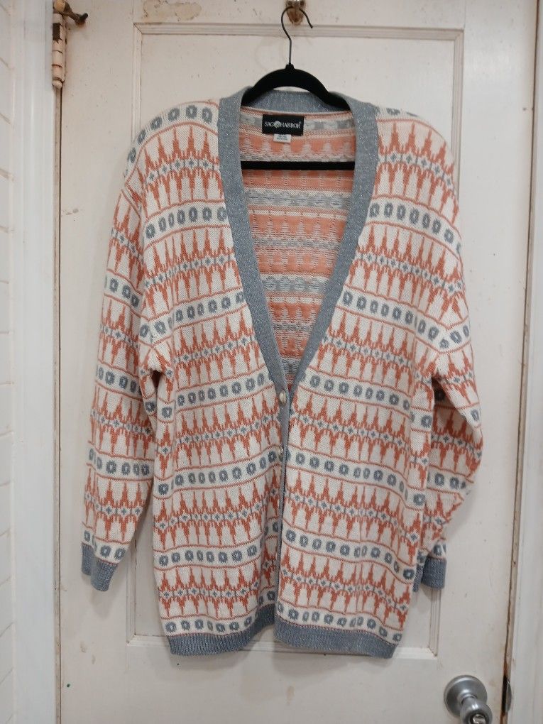Coral and Silver Vintage Sag Harbor Cardigan with Pearl Buttons Size Large