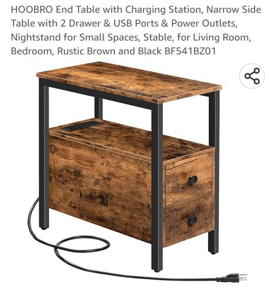 HOOBRO End Table with Charging Station, Narrow Side Table with 2 Drawer & USB Ports & Power Outlets, Nightstand for Small Spaces, Stable, for Living R
