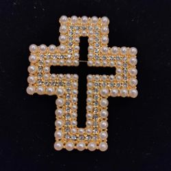 Pearl And Rhinestone Cross Brooch Gold Tone Vintage