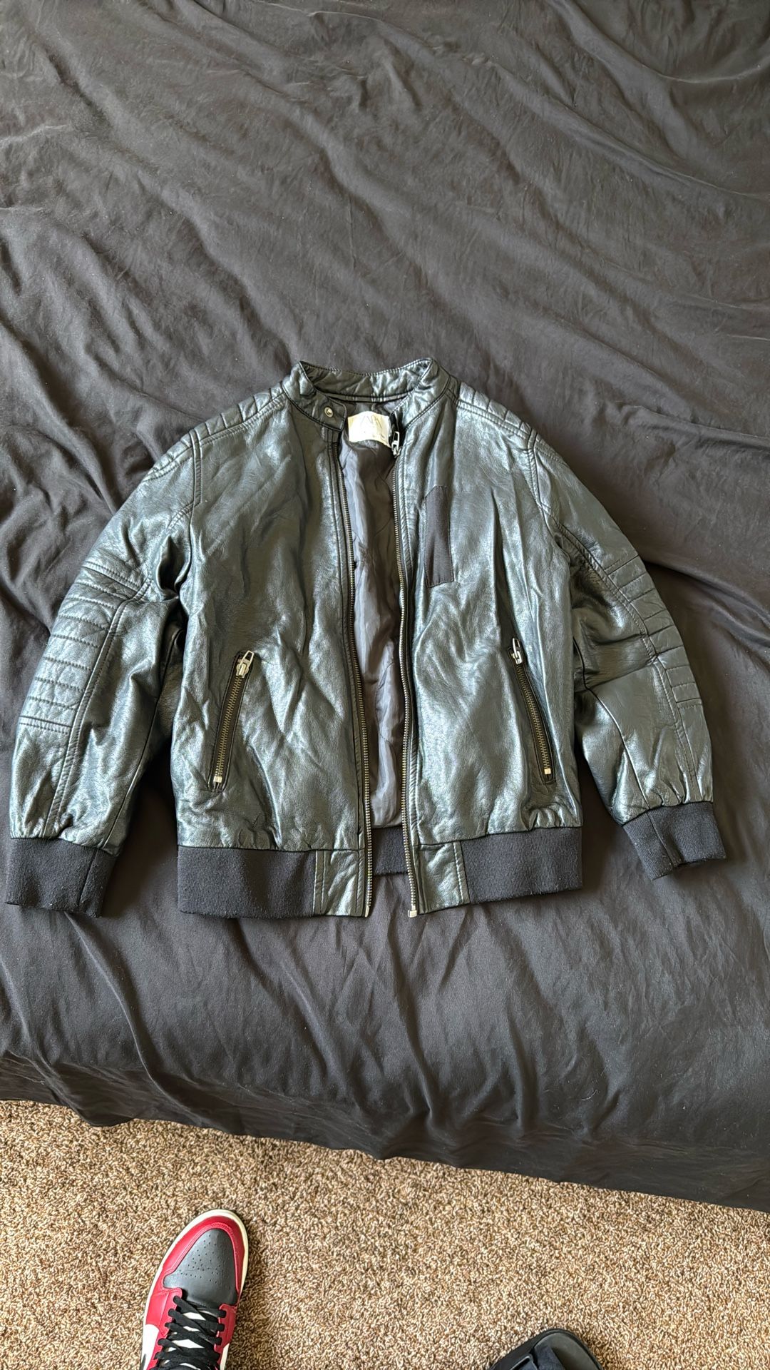 Boys ZARA faux leather bomber jacket - black - Size 9