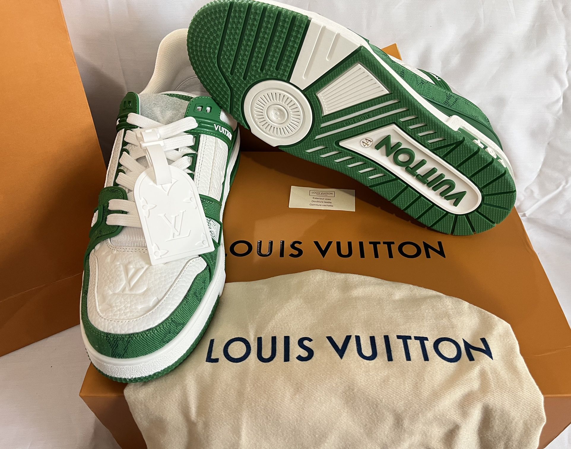 Giày Louis Vuitton Trainer Green Monogram Denim White H&S