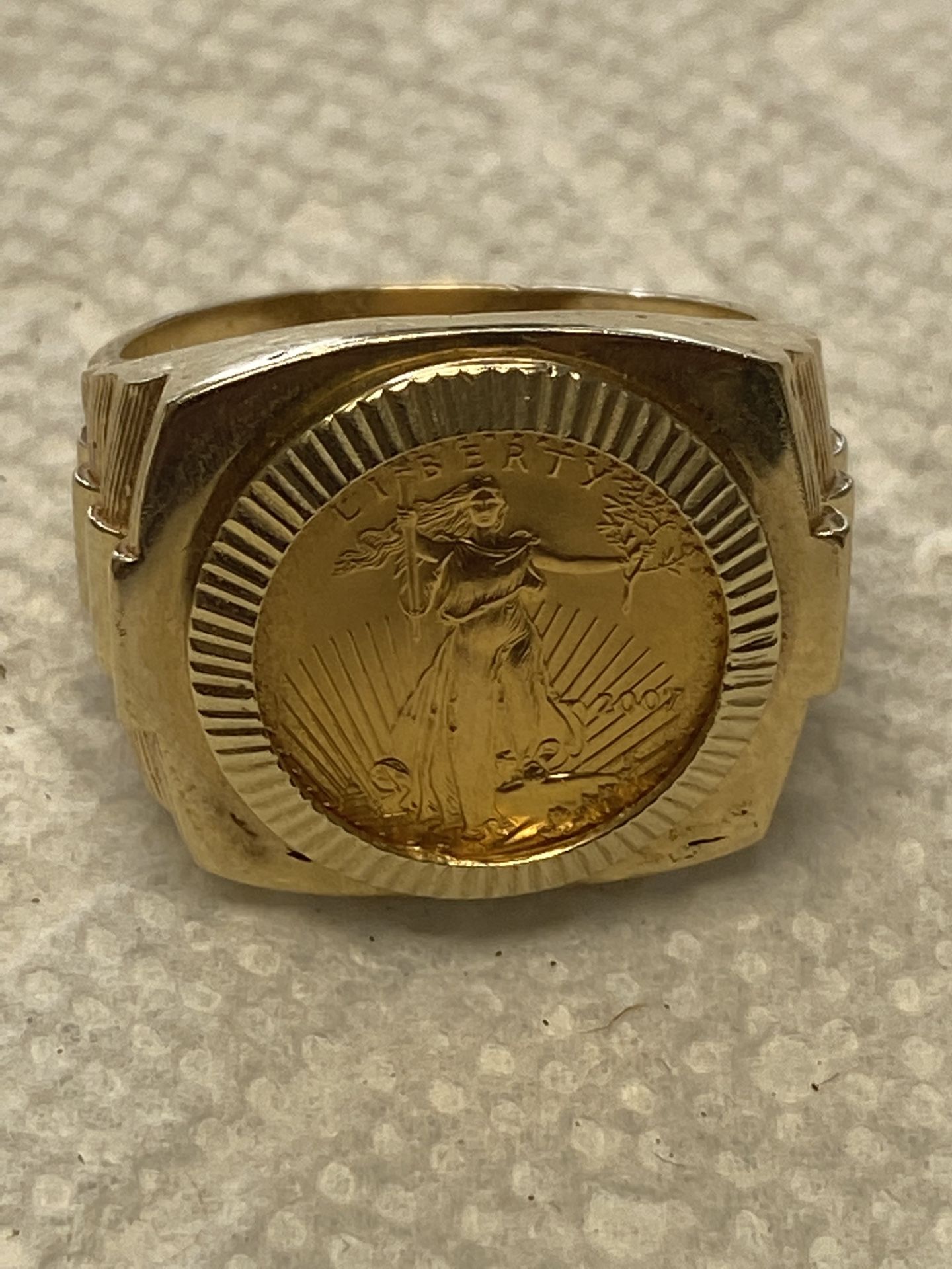 22K FINE GOLD 1/10oz US LIBERTY COIN IN 14 KT SOLID YELLOW GOLD MENS RING 31mm