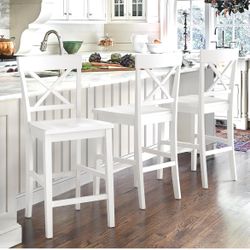 Cozyman Bar Stools Set of 3, 24" H Wooden Counter Stools with Back and Footrest, X-Back Farmhouse Barstools for Kitchen Island, Home Bar, White