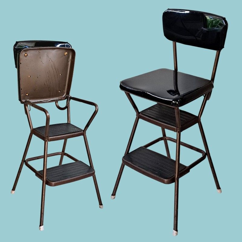 Vintage Cosco Kitchen Step Stool Chair Flip-Up Seat Black Vinyl MCM 34.5" High