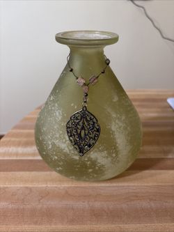 Decorative Green Ceramic Vase with Filigree Pendant Necklace Detail Artisan Boho Zen