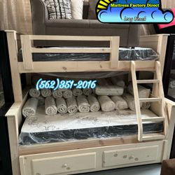 Twin Full Whitewash Bunk Bed With Mattresses Nuevo New 