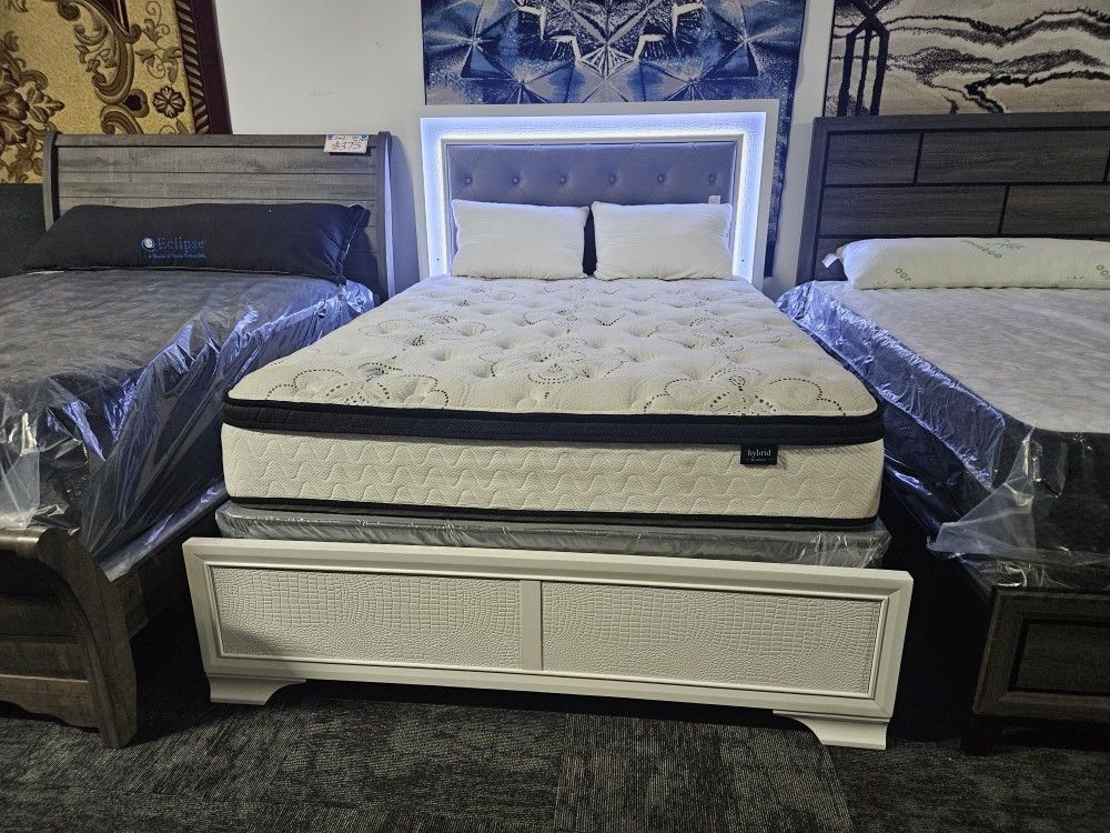 Brand New In box Full And Queen Size LED Lighted White Color Bed Frame Only