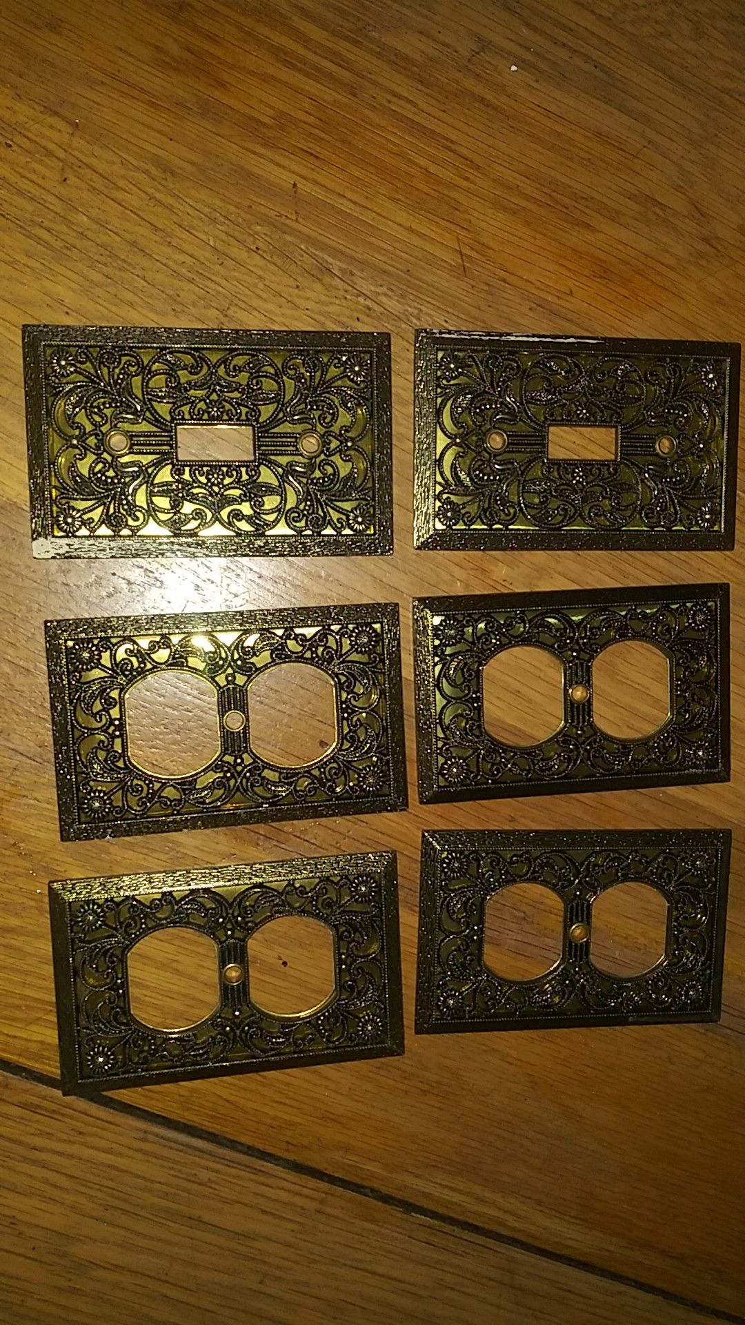 Six light switch plates vintage brass ornate