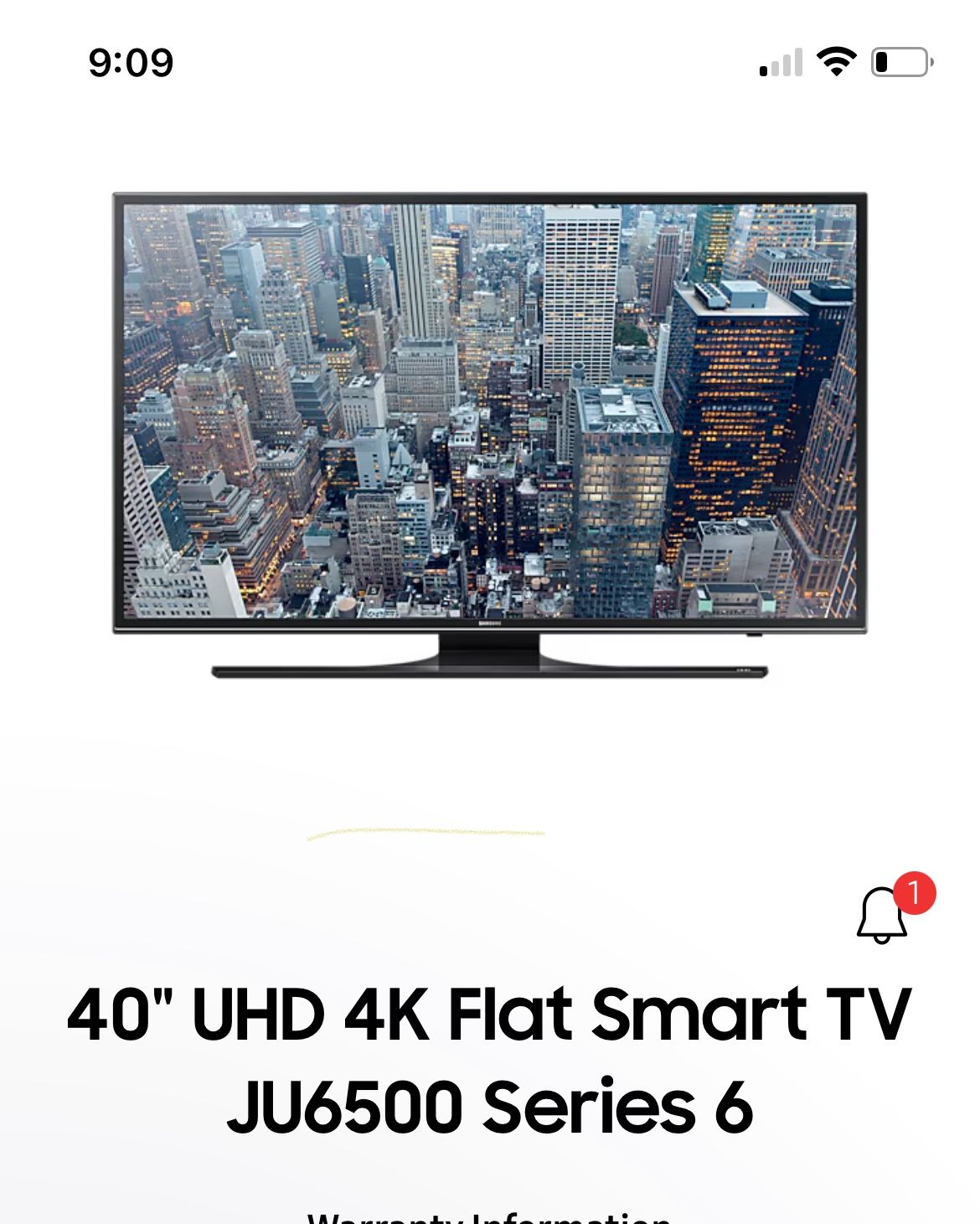 40” Samsung UHK Smart TV- Series 6