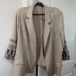 Womens Beige Light Weight Blazer/cardigan, 2X, Embroidered Sleeve