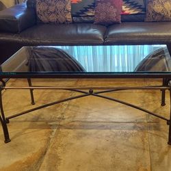 Vintage mid century glass and forged iron coffee table