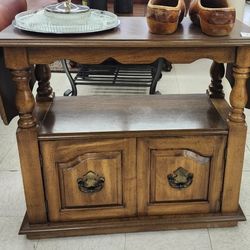 Solid Wood Drop Leaf End Table Or Beverage Cart On Wheels